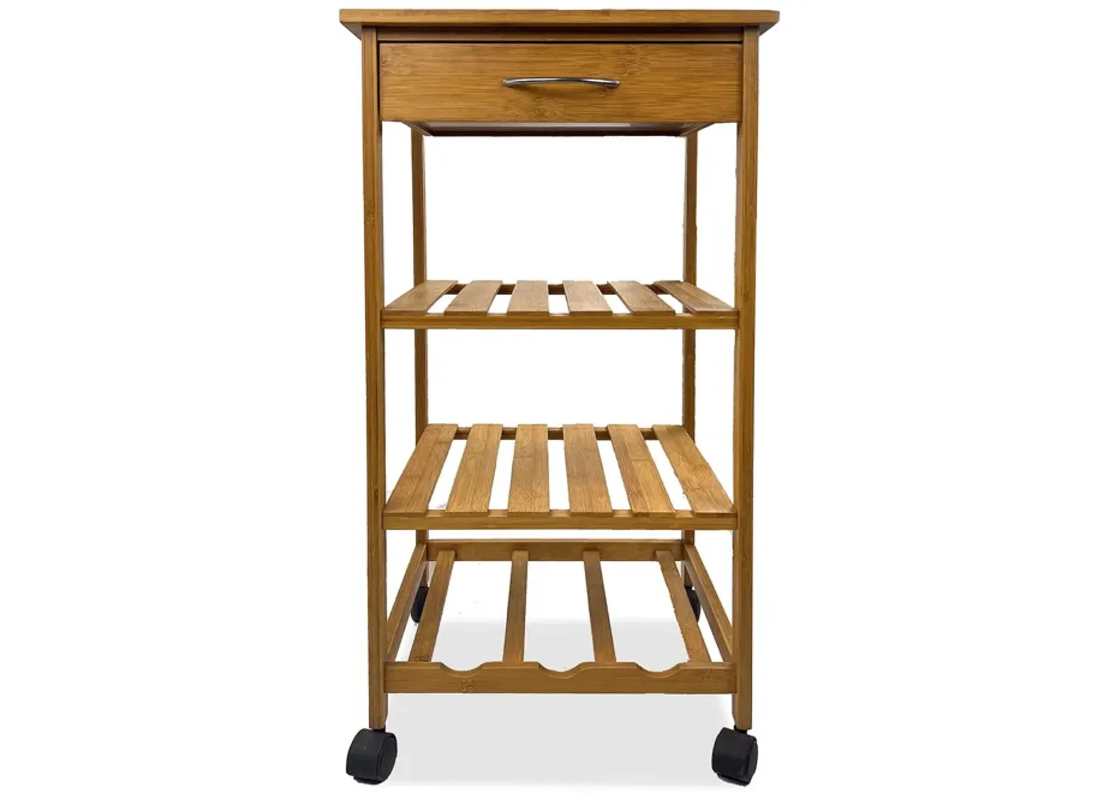 Harry Kitchen Bar Cart, 1 Drawer, 3 Shelves, Brown Bamboo, Rolling Wheels