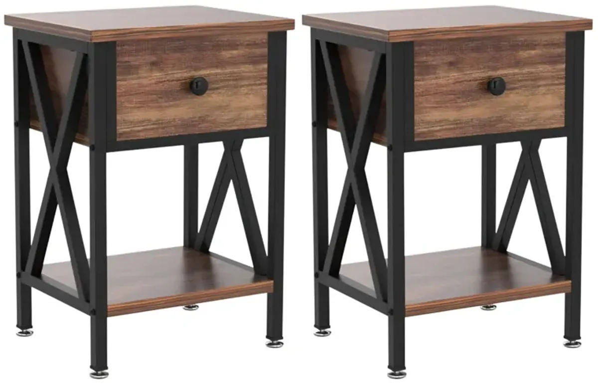 Set of 2 End Tables With 1 Drawer For Living Room And Bedroom