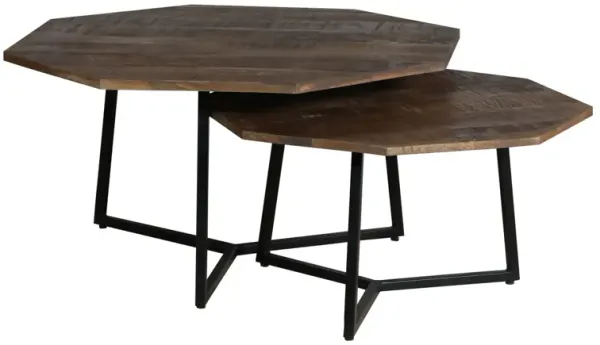 35, 28 Inch 2 Piece Nesting Coffee Table Set, Octagon Top, Mango Wood, Brown and Black