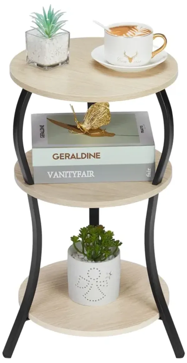 Vintage Small Round Side Table, 3-Tier Slim Waist Circular End Table with Storage Shelf, Compact Tea Sofa Side Table, Round Corn