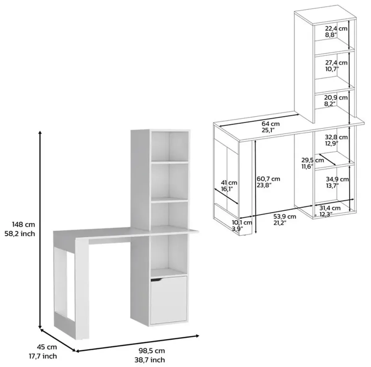 Ripley Writing Desk With Bookcase and Cabinet, White