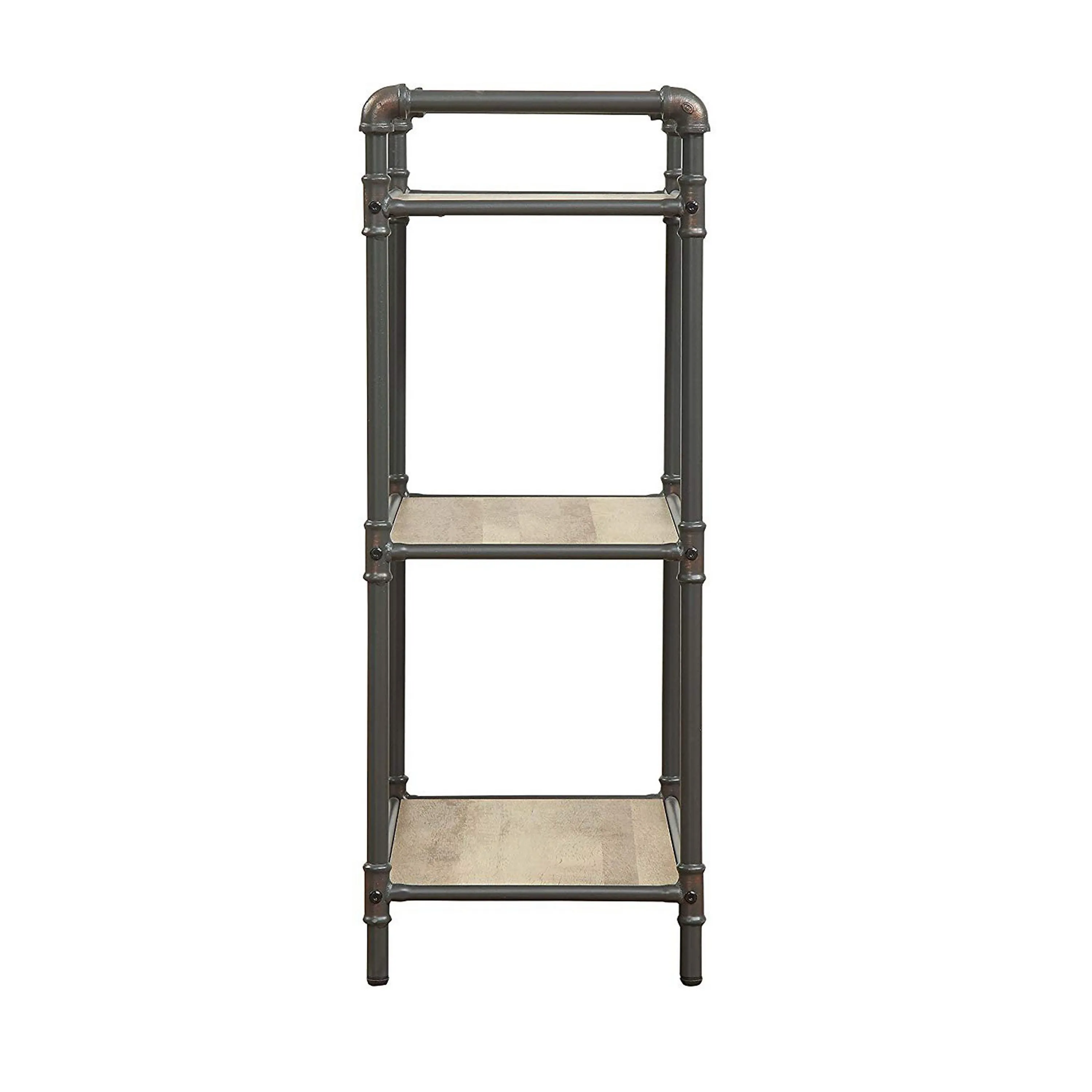 Three Tier Metal Bookshelf With Wooden Shelves, Oak Brown & Gray-Benzara