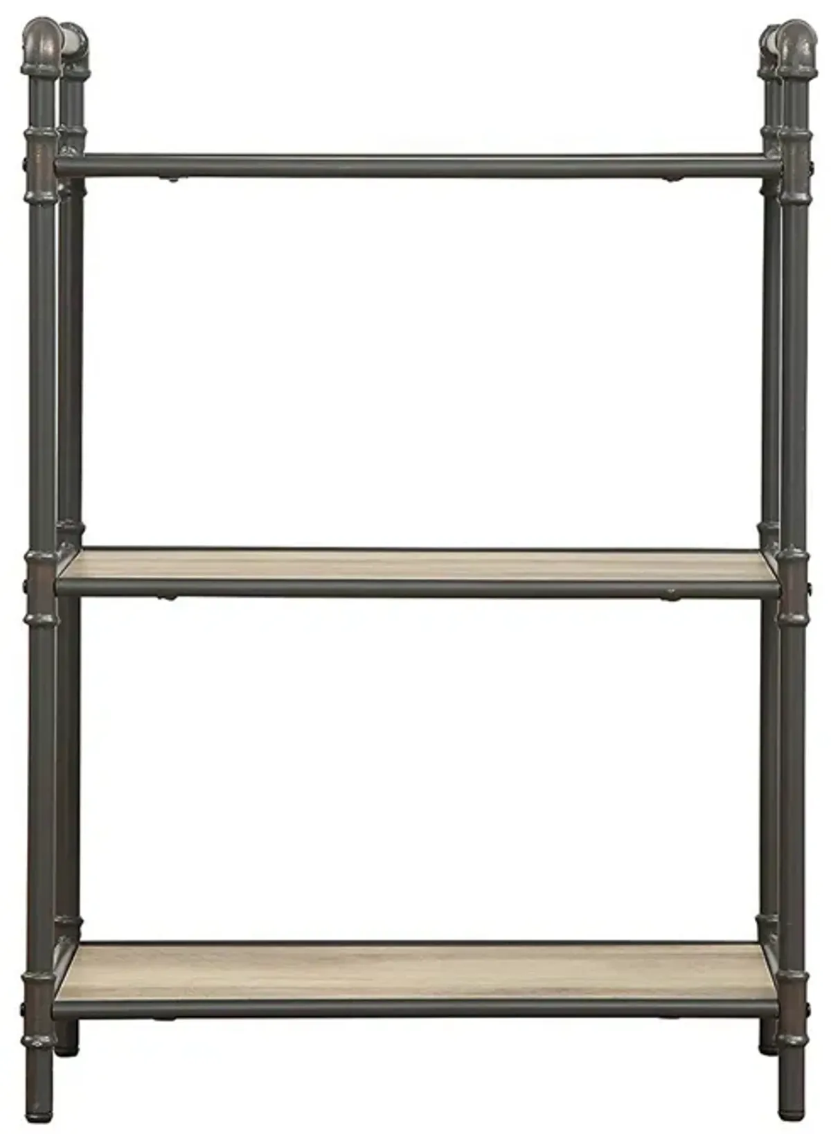 Three Tier Metal Bookshelf With Wooden Shelves, Oak Brown & Gray-Benzara