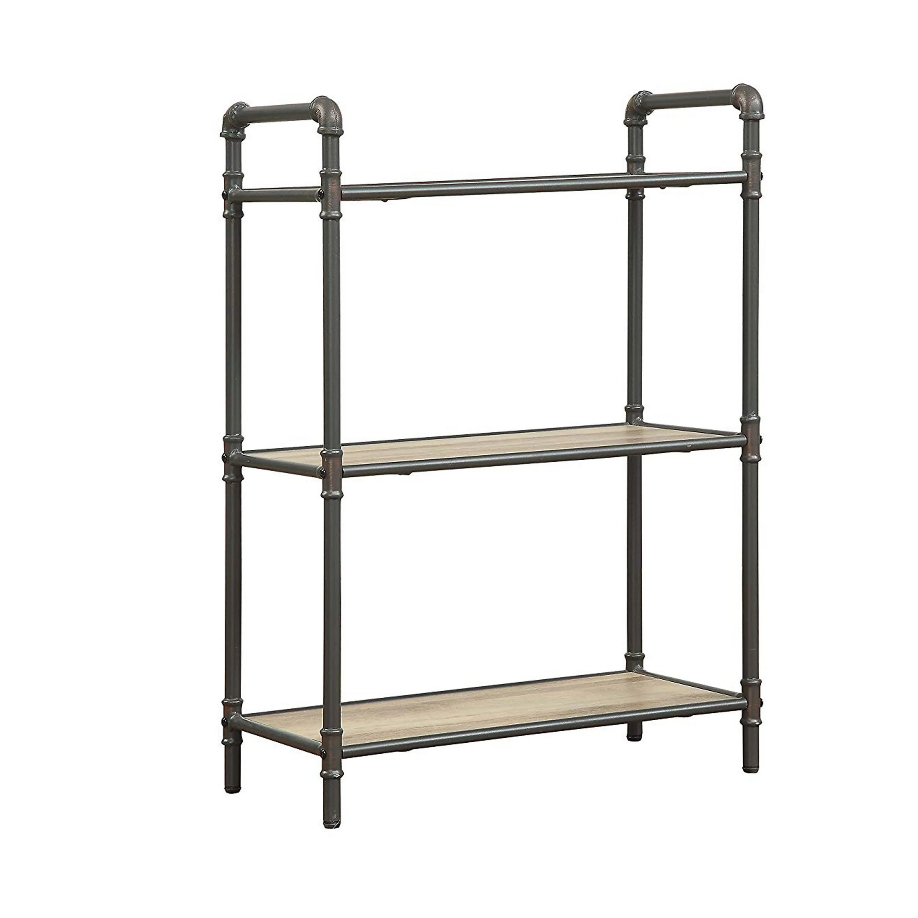 Three Tier Metal Bookshelf With Wooden Shelves, Oak Brown & Gray-Benzara