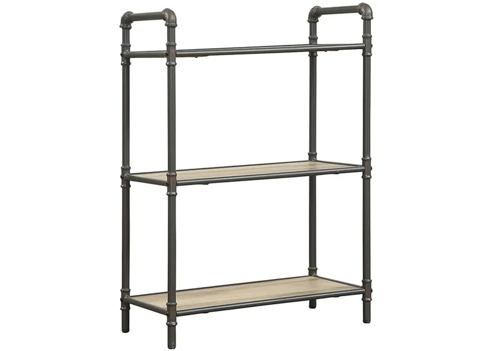 Three Tier Metal Bookshelf With Wooden Shelves, Oak Brown & Gray-Benzara