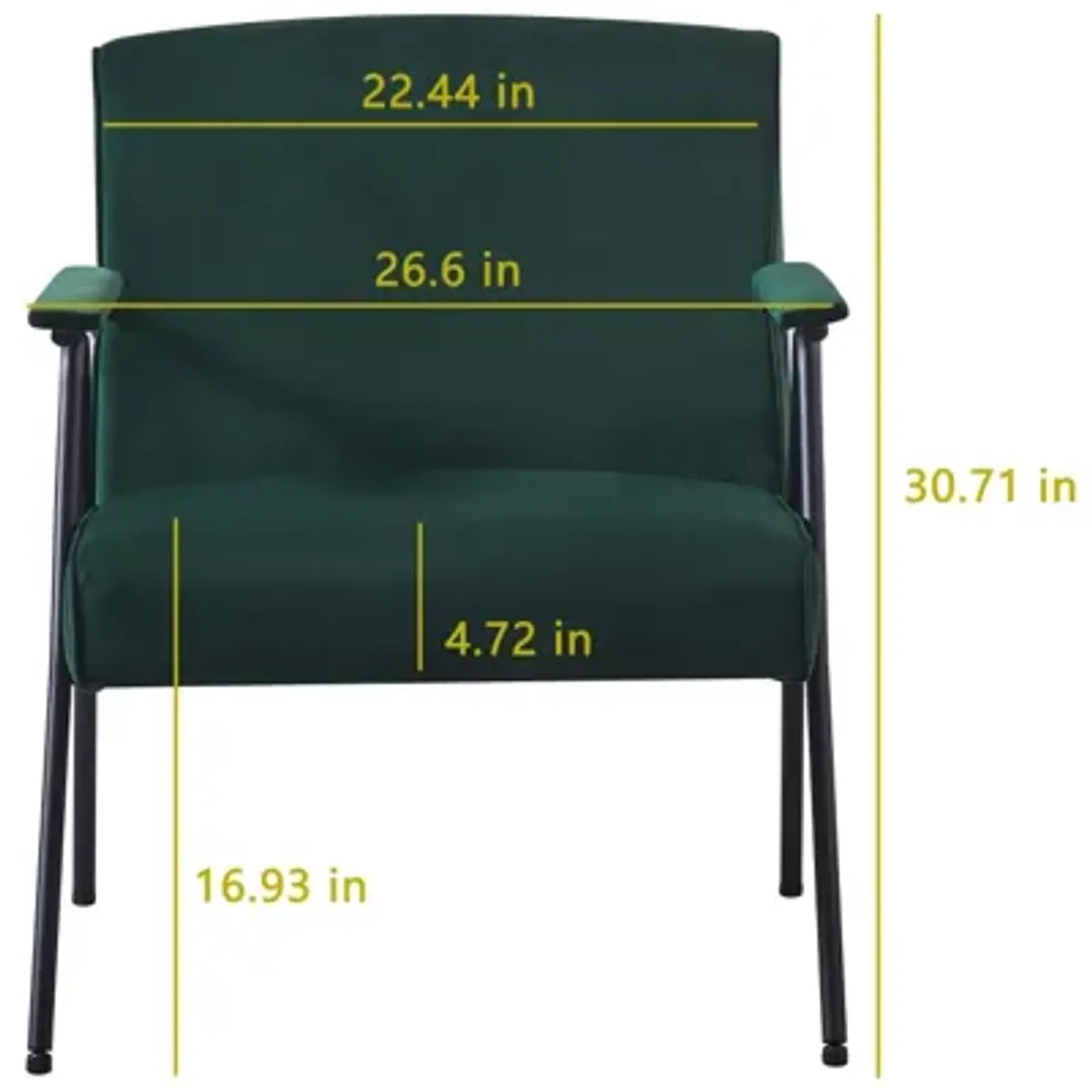 Cloth leisure, black metal frame accent chair, for living room and bedroom, green