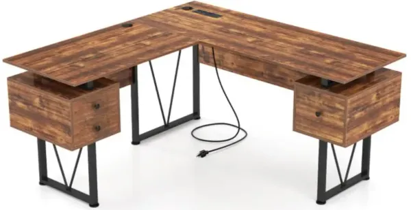 Hivvago L-shaped Computer Desk with Power Outlets and 3 Storage Drawers