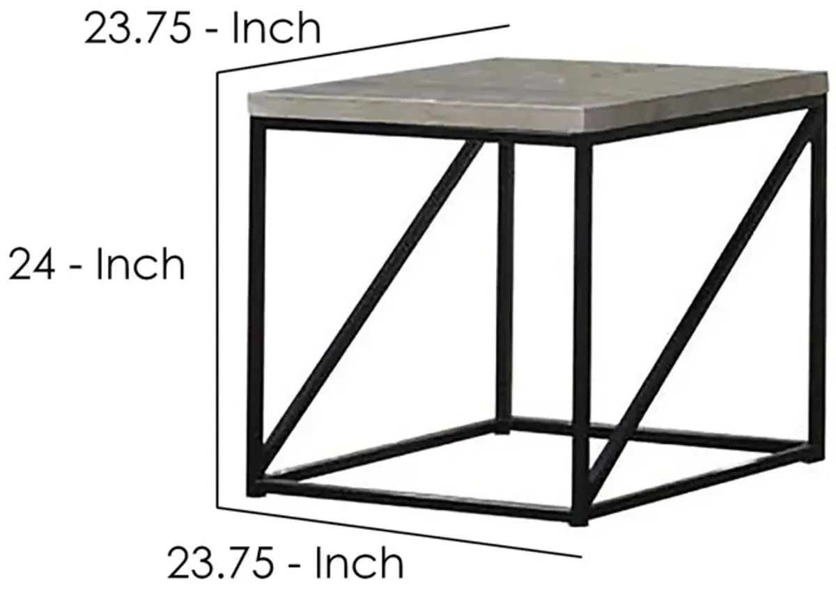 Industrial Style Minimal End Table With Wooden Top And Metallic Base, Gray-Benzara