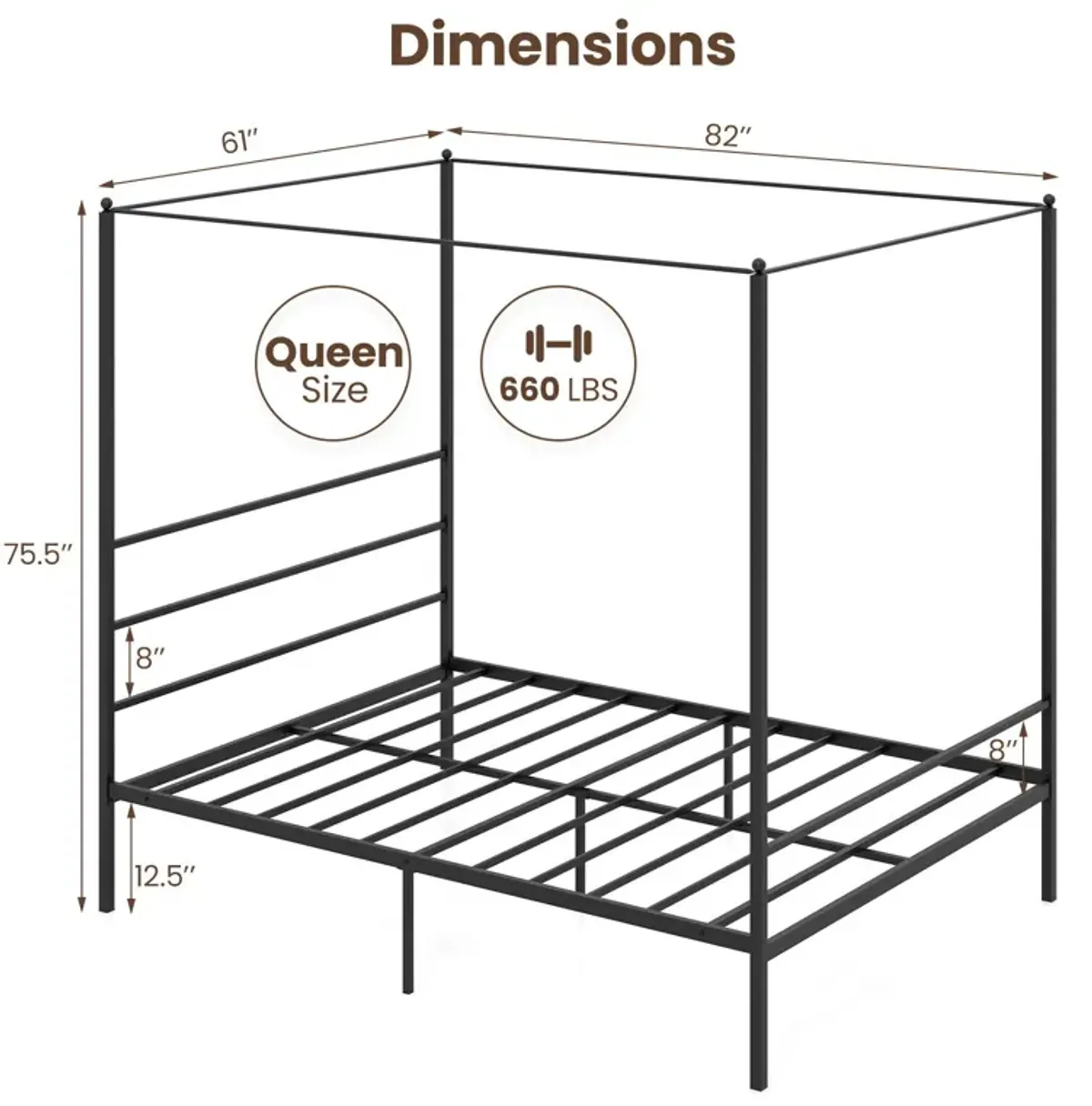 Metal Canopy Bed Frame with Slat Support