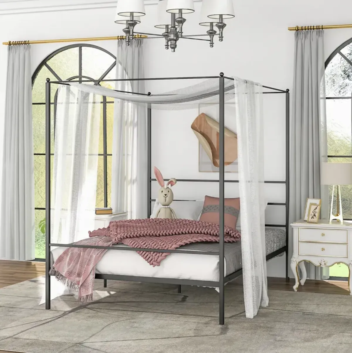 Metal Canopy Bed Frame with Slat Support