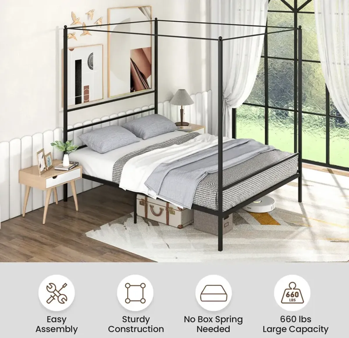 Metal Canopy Bed Frame with Slat Support