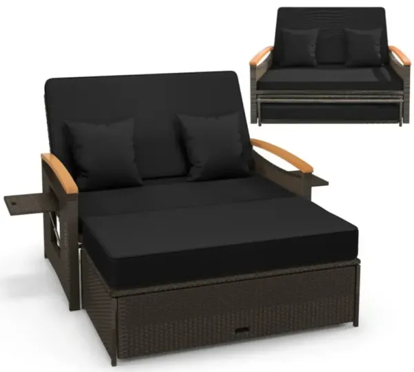 Hivvago Outdoor Wicker Daybed with Folding Panels and Storage Ottoman