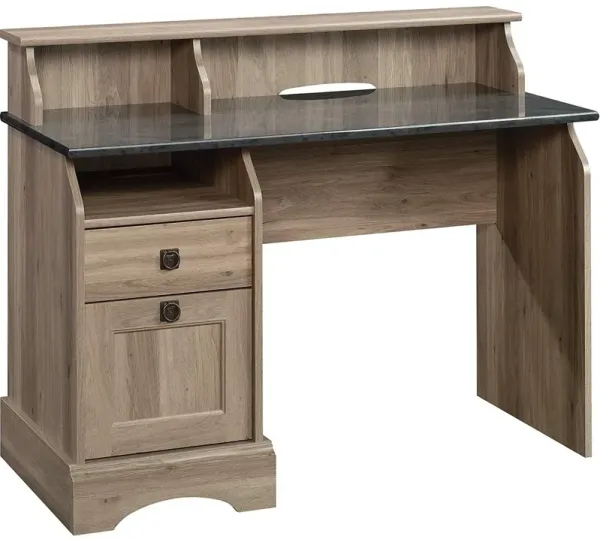 Contemporary Computer Desk with Slatted Wood Top and File Storage