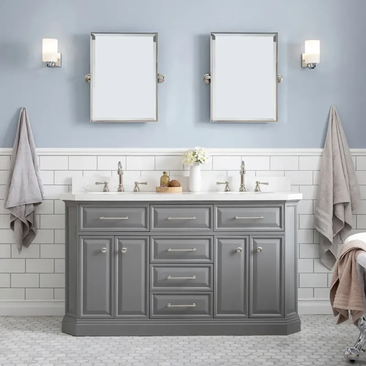 Palace 60 In. Double Sink Carrara Quartz Countertop Bath Vanity in Cashmere Grey with Polished Nickel (PVD) Hardware and Rectangular Pivot Mirrors