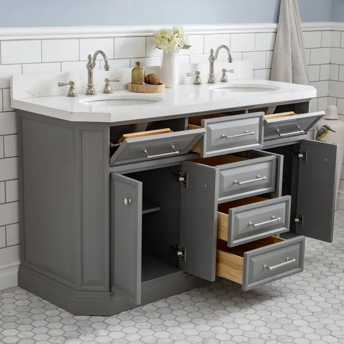 Palace 60 In. Double Sink Carrara Quartz Countertop Bath Vanity in Cashmere Grey with Polished Nickel (PVD) Hardware and Rectangular Pivot Mirrors