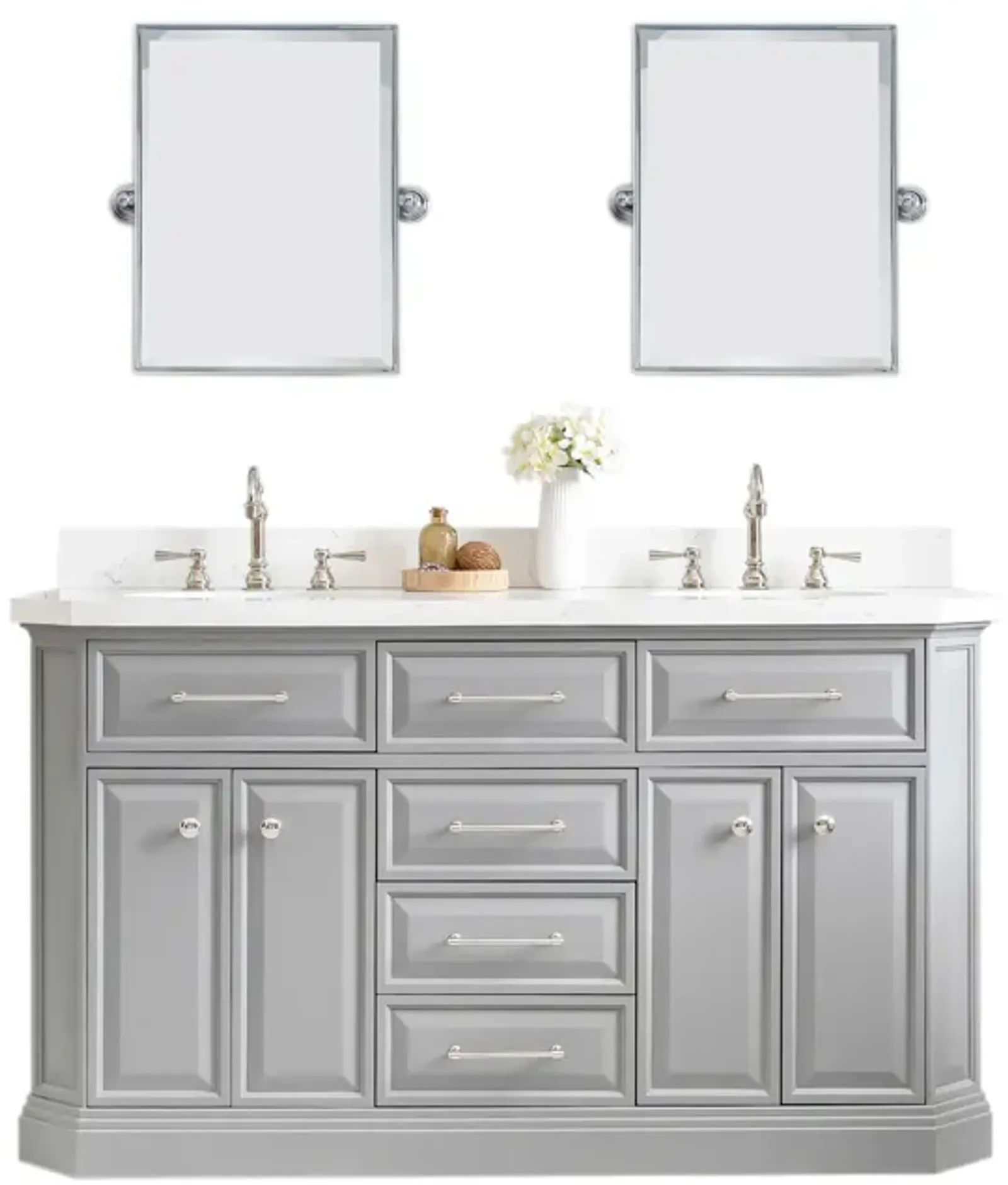 Palace 60 In. Double Sink Carrara Quartz Countertop Bath Vanity in Cashmere Grey with Polished Nickel (PVD) Hardware and Rectangular Pivot Mirrors