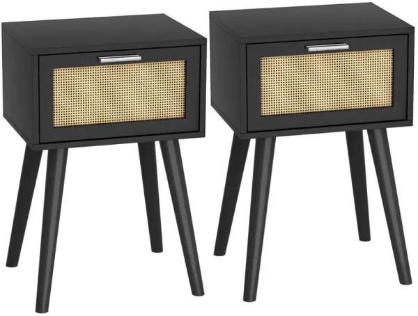 LAATOOREE Nightstand Set of 2, Small End Table with Rattan Door, Bedside Table with Solid Wood Feet, Boho Side Table for Bedroom