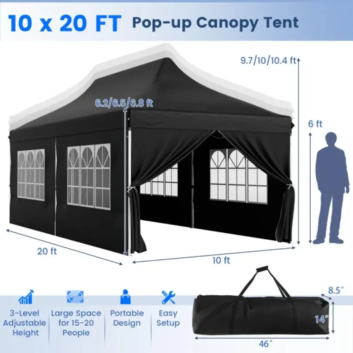 Hivvago 10 x 20 Feet Pop up Canopy with 6 Sidewalls Windows and Carrying Bag