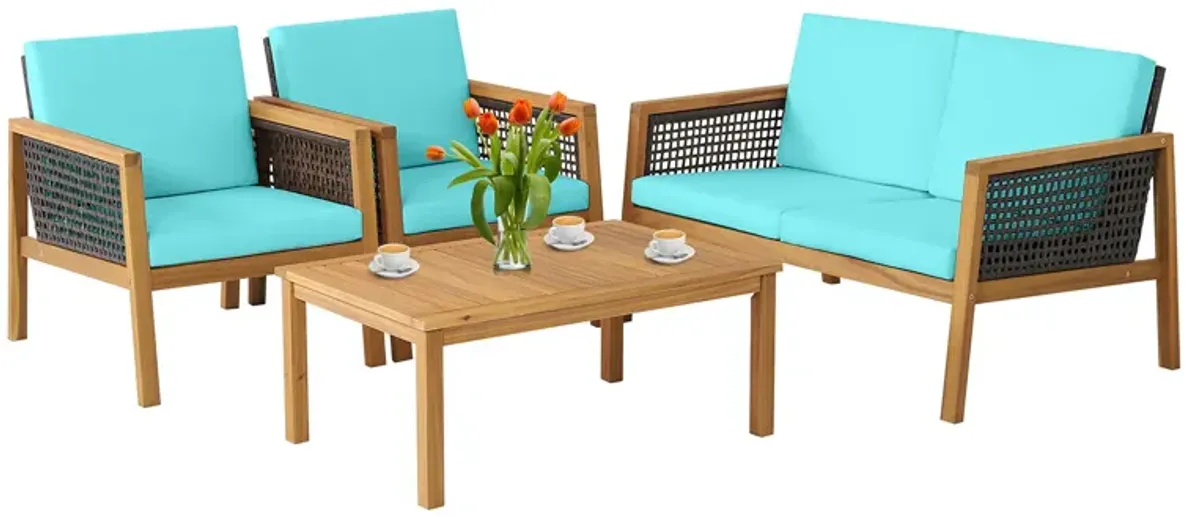 4 Pieces Patio Rattan Furniture Set with Removable Cushions