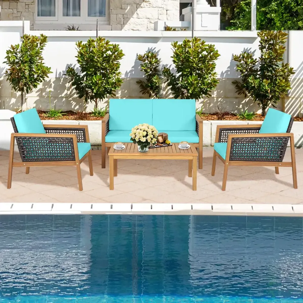 4 Pieces Patio Rattan Furniture Set with Removable Cushions