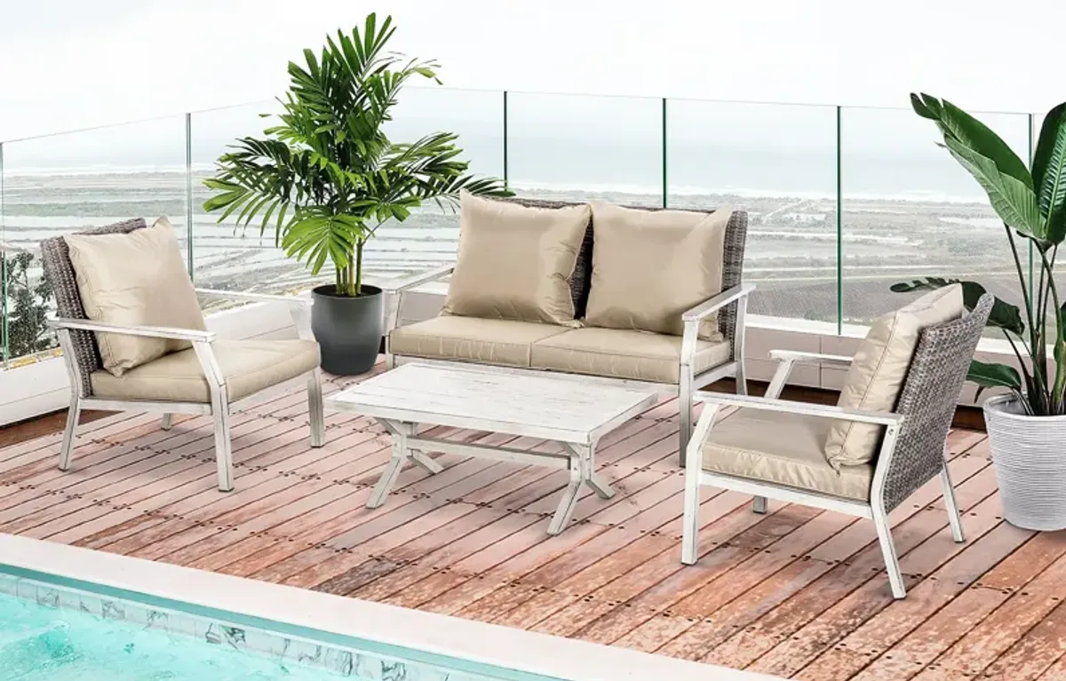 Beige Outdoor Lounge: 4-Piece Wicker Loveseat Set with Coffee Table