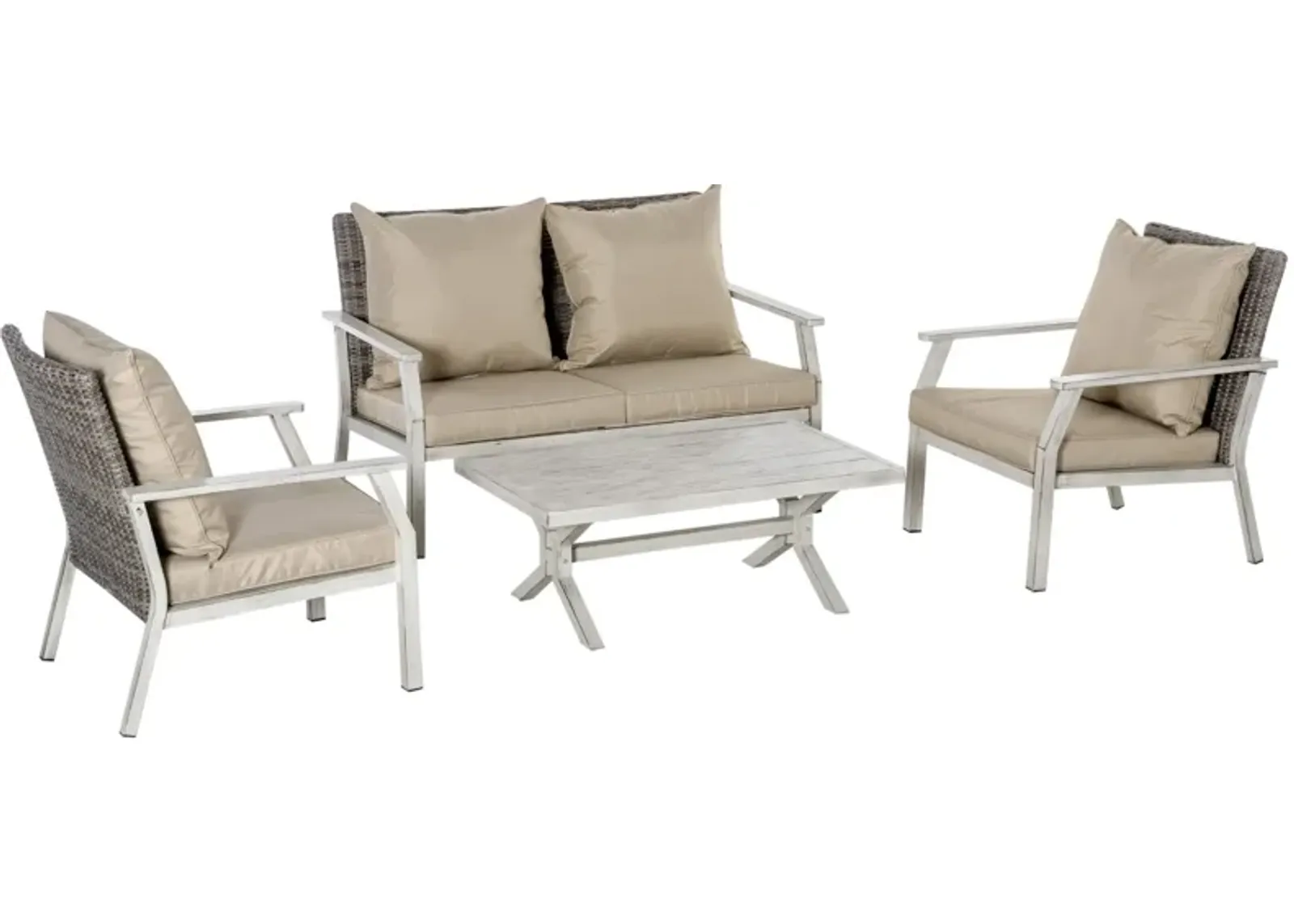 Beige Outdoor Lounge: 4-Piece Wicker Loveseat Set with Coffee Table