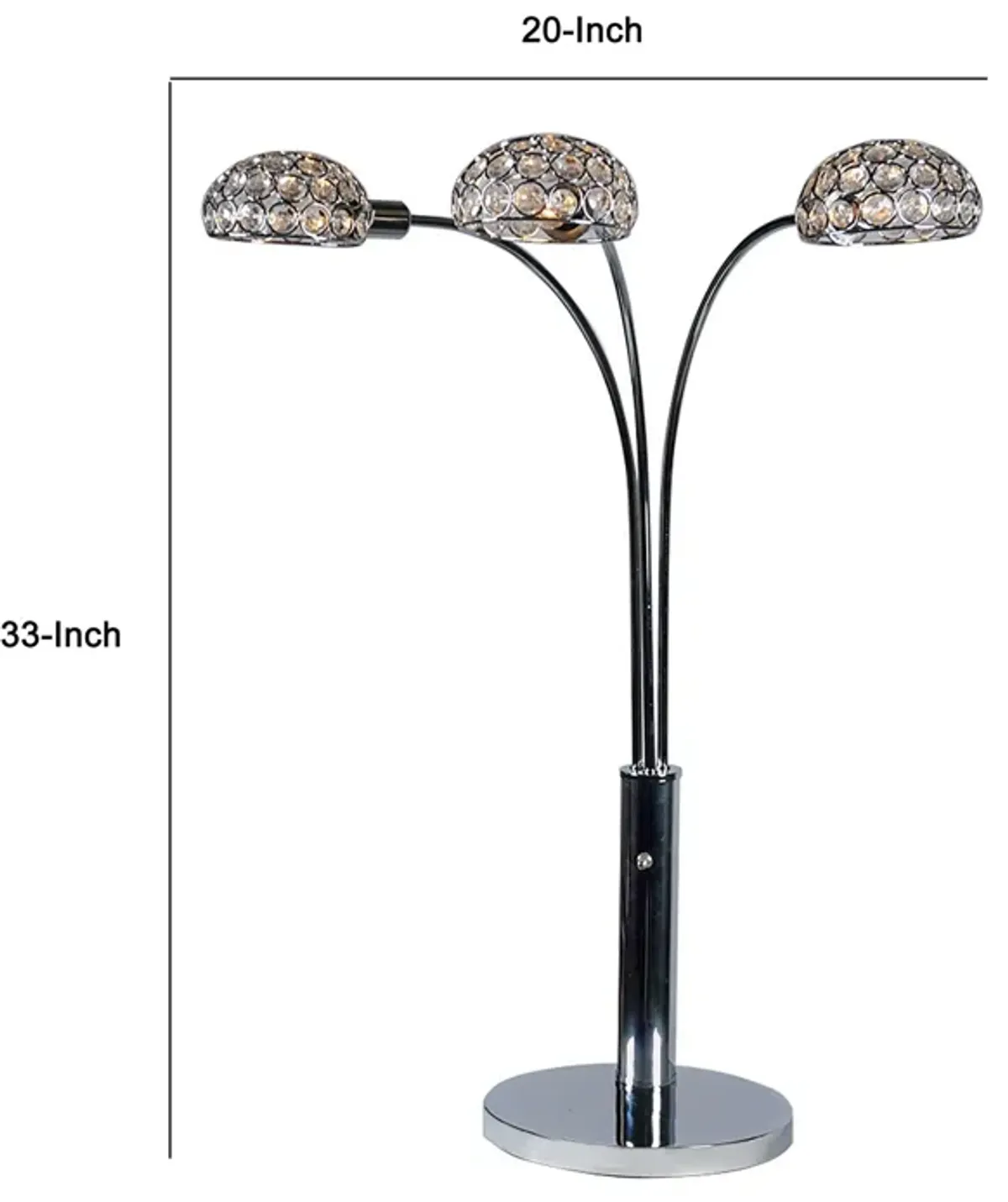 Arya 33 Inch Modern Arcing 3 Light Table Lamp, Round Crystal Accents Chrome-Benzara