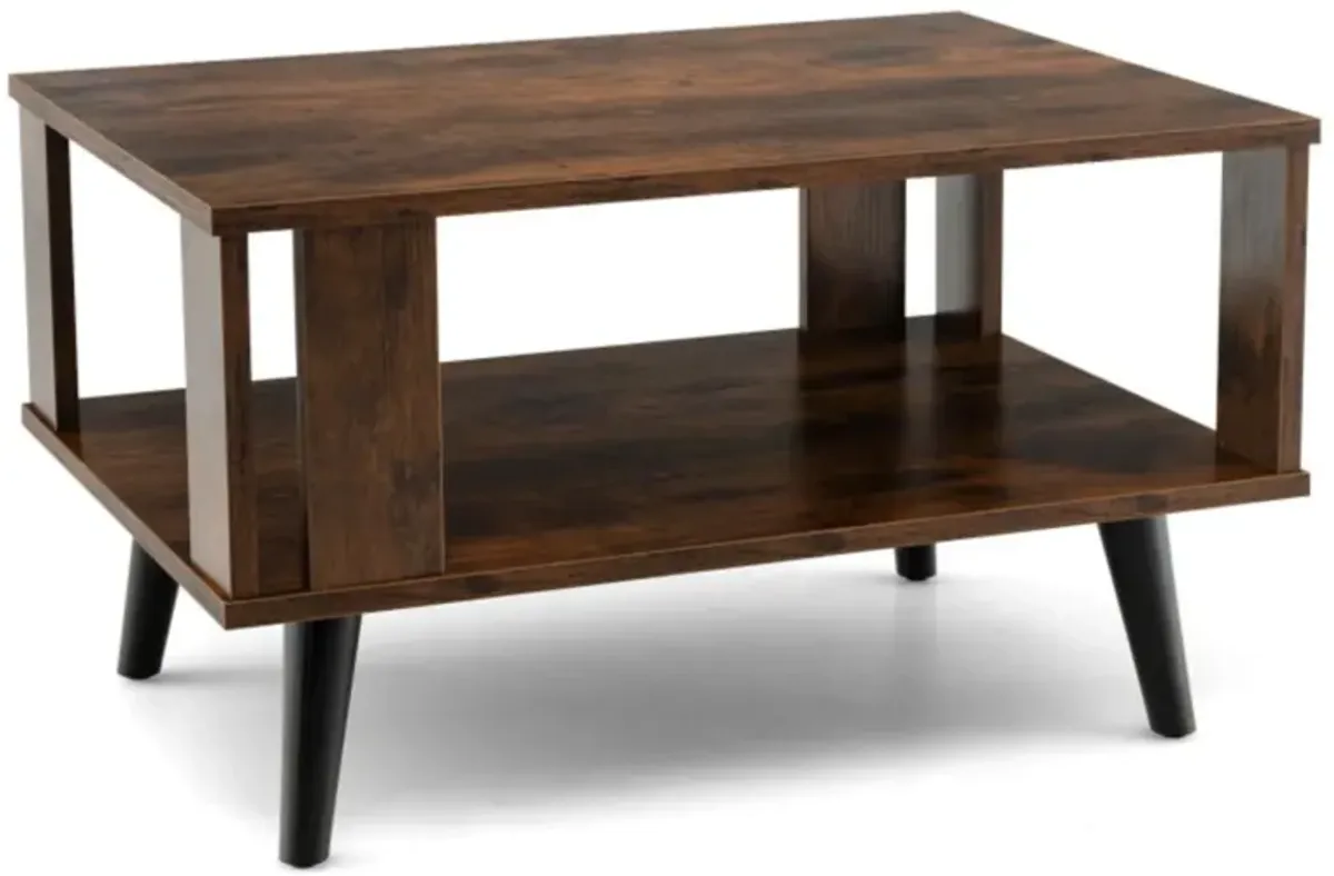 Hivvago Compact Retro Mid-Century Coffee Table with Storage Open Shelf-Rustic Brown