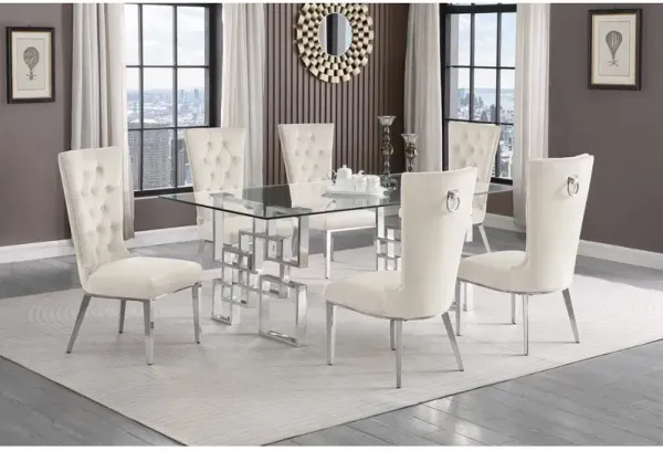 7-piece glam dining set with 6 cream chairs and a 79" long glass dinng table
