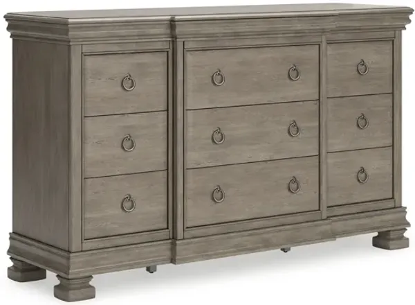Orny Wide Dresser, 9 Drawers, 69 Inch, Gray Solid Hardwood Finish - Benzara