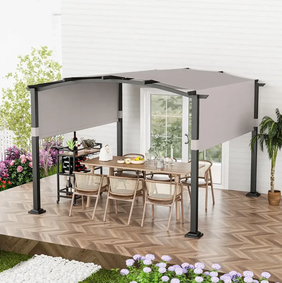 Patio Garden Shelter with Retractable Sunshade Canopy