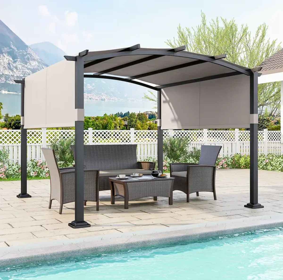 Patio Garden Shelter with Retractable Sunshade Canopy