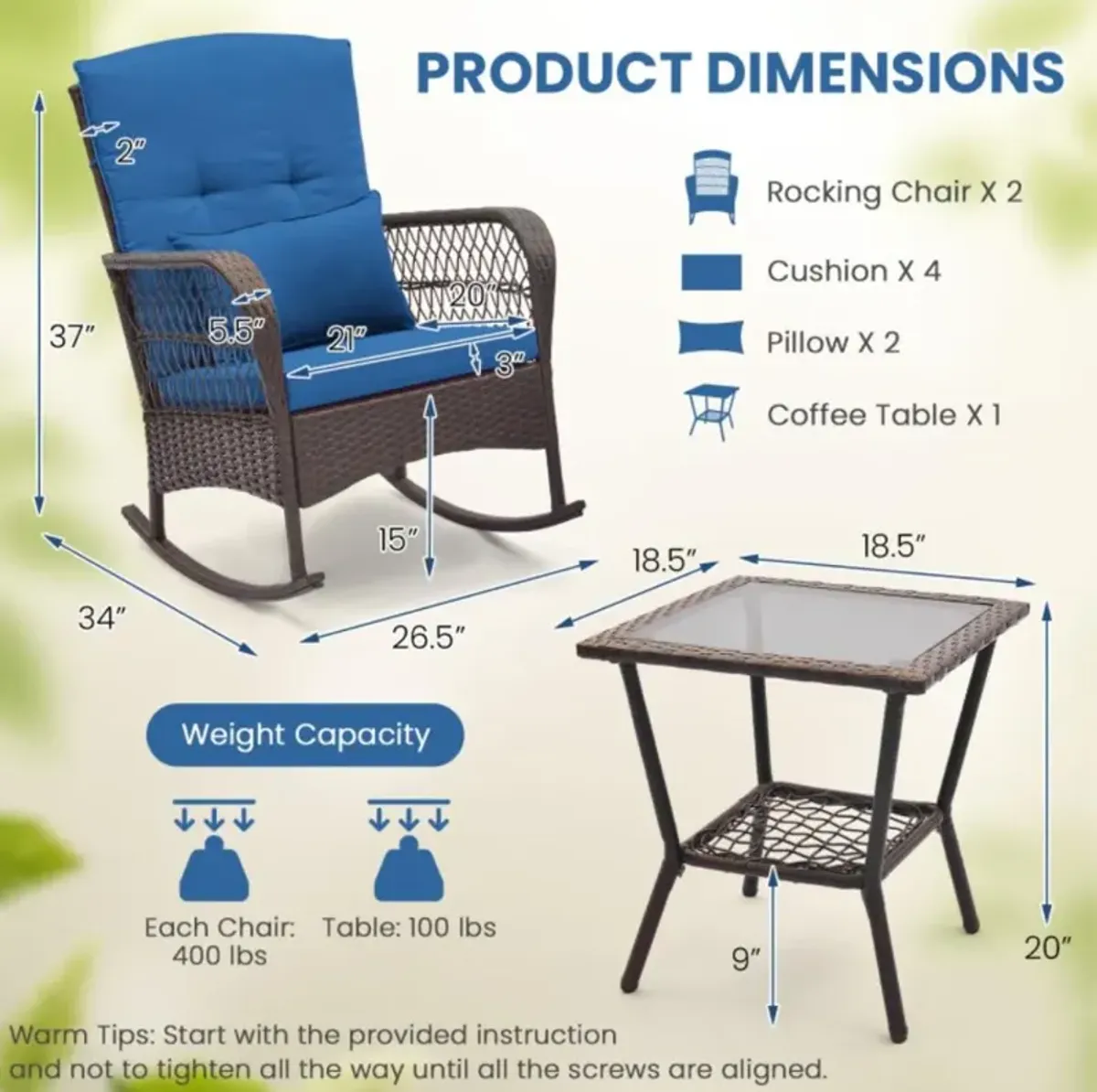 Hivvago 3 Pieces Rocking Bistro Set with 2-Tier Coffee Table