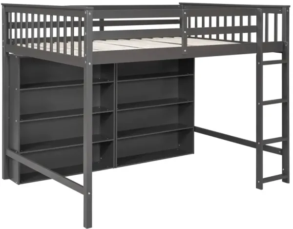 Whisen Full Size Loft Bed with Open Storage Shelves and Built-in Ladder - White