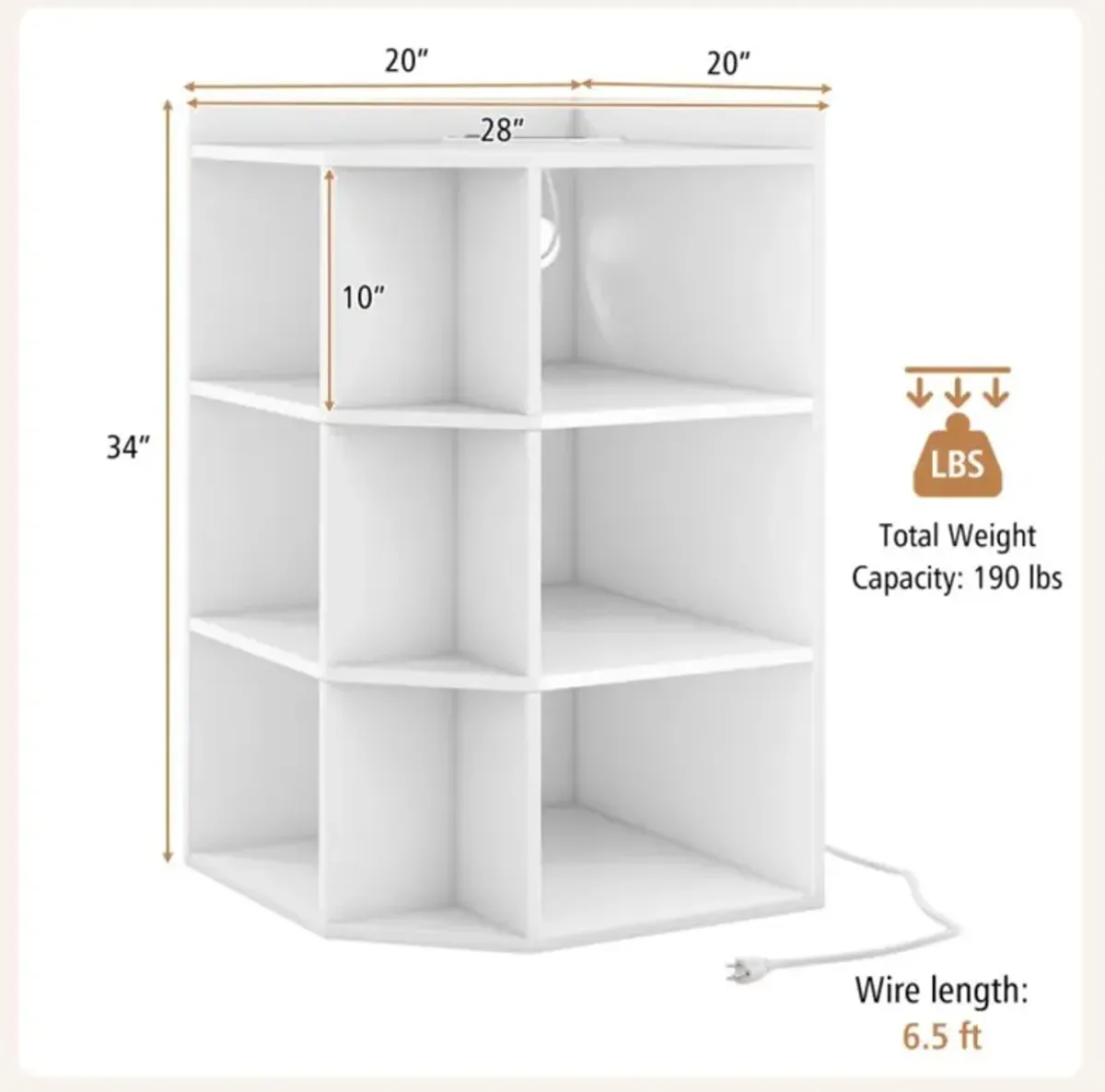 Hivvago 3-Tier Corner Cabinet with Charging Station for Bedroom