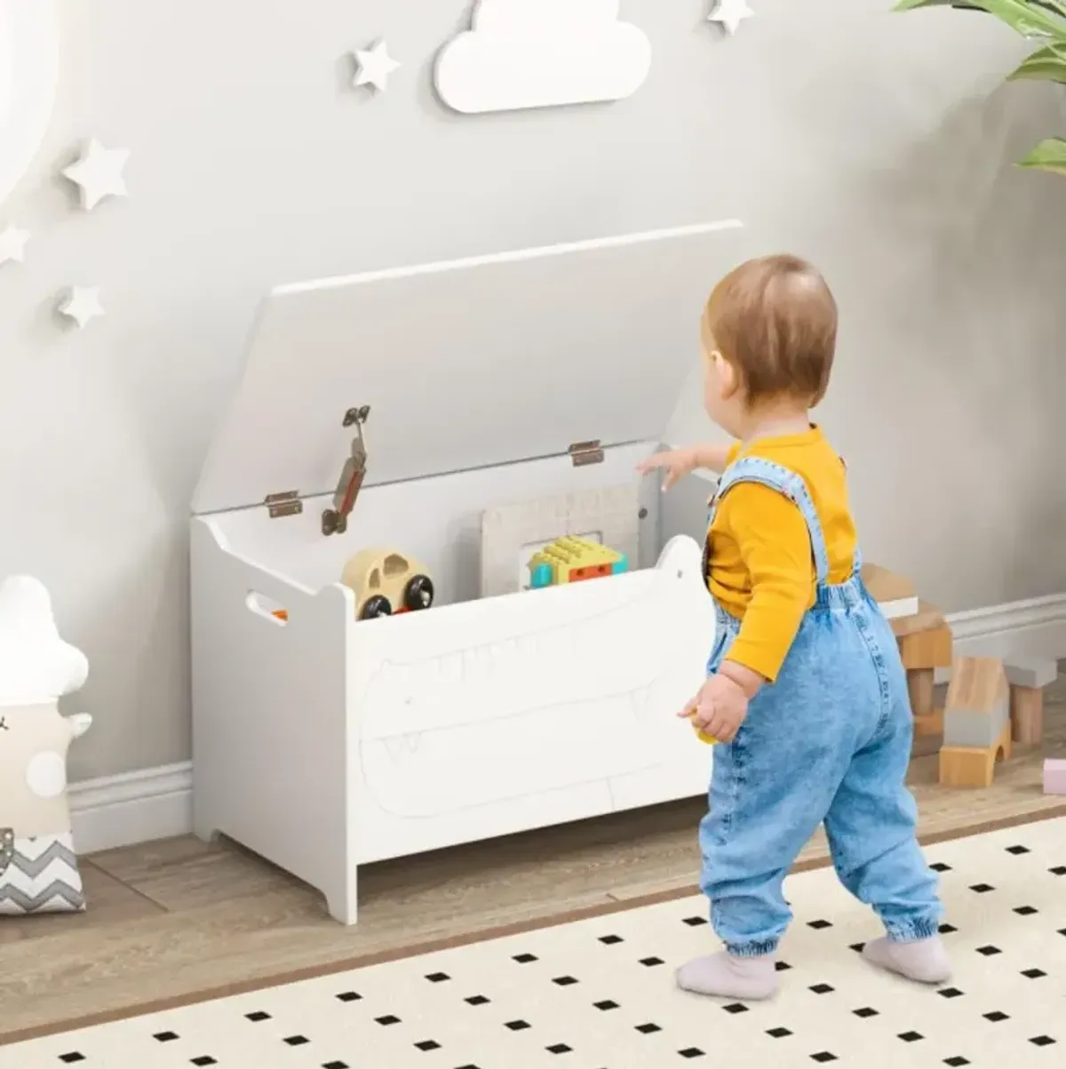 Hivvago Wooden Kids Toy Box with Safety Hinge-White