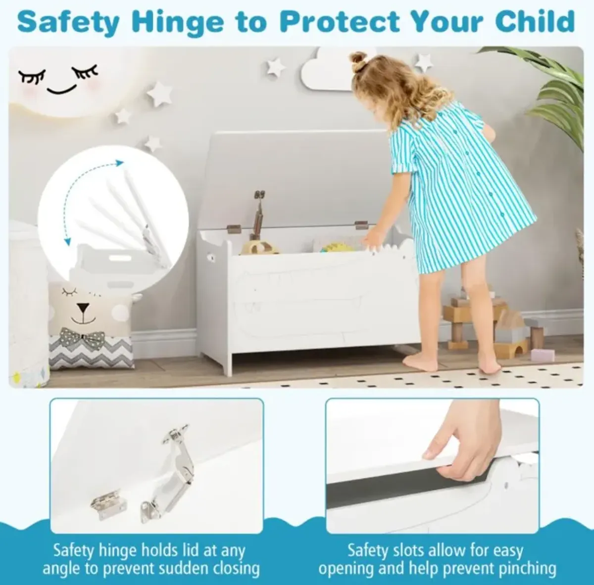 Hivvago Wooden Kids Toy Box with Safety Hinge-White