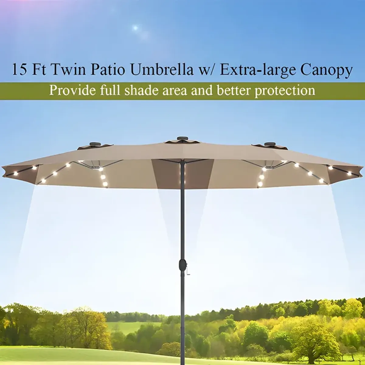 15 Ft Patio LED Crank Solar Powered 36 Lights  Umbrella without Weight Base