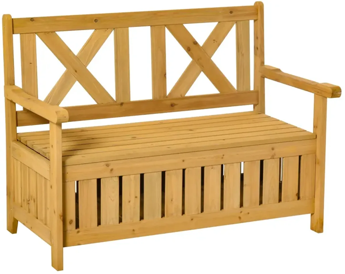 Yellow Outdoor Seating: Wooden Storage Bench with Louvered Panels