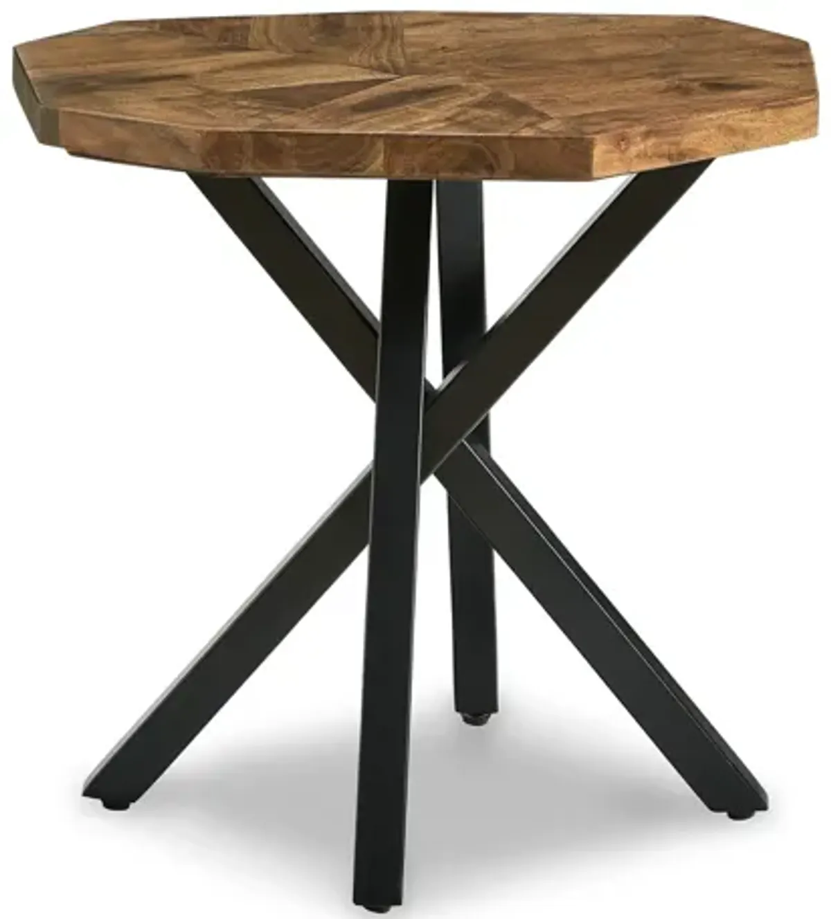 28 Inch End Table, Starburst Top, Black Metal, Live Edge Brown Acacia Wood - Benzara