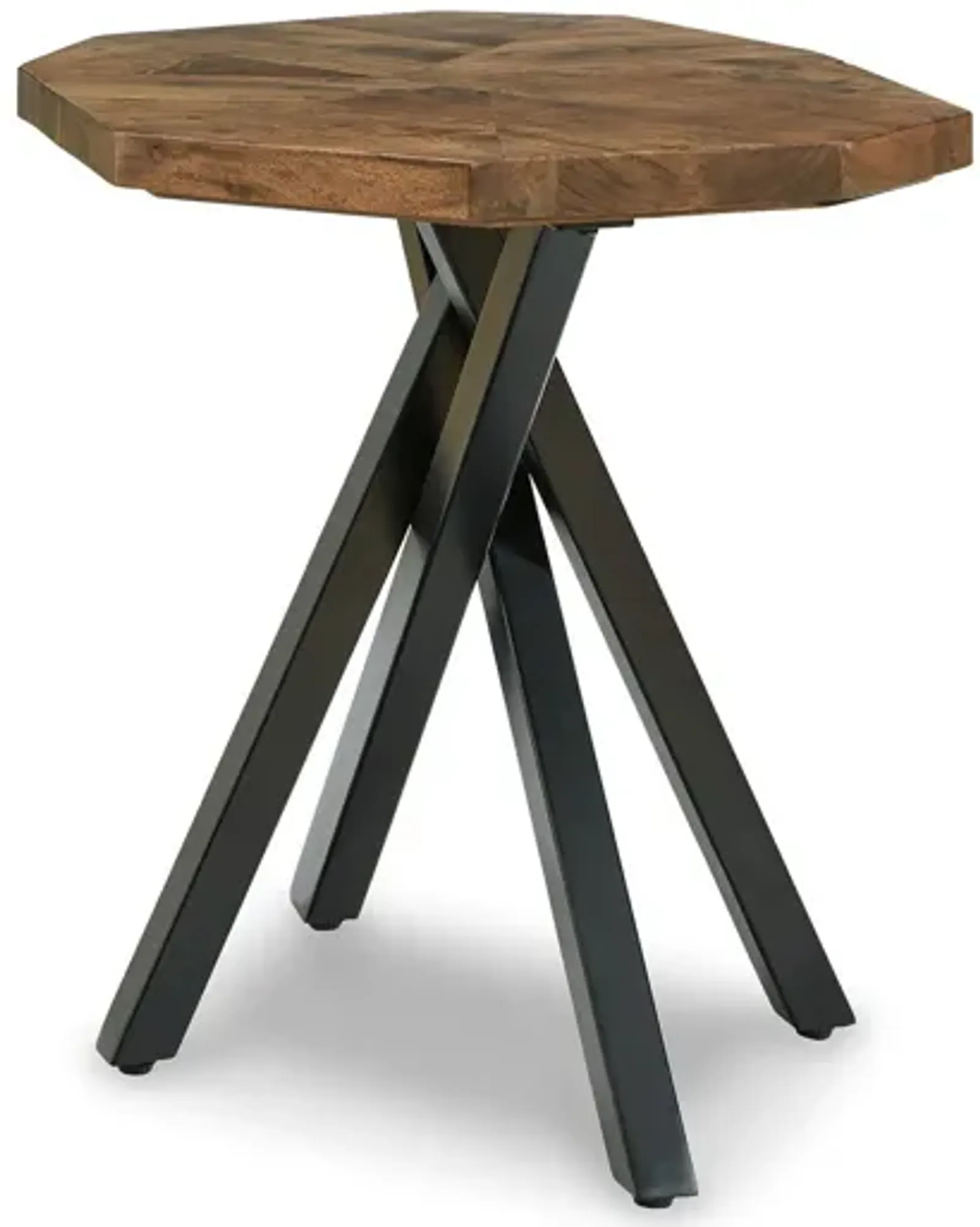 28 Inch End Table, Starburst Top, Black Metal, Live Edge Brown Acacia Wood - Benzara