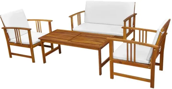 Roma 4pc Modular Outdoor Sofa and Table Set, Brown Acacia Wood, White - Benzara