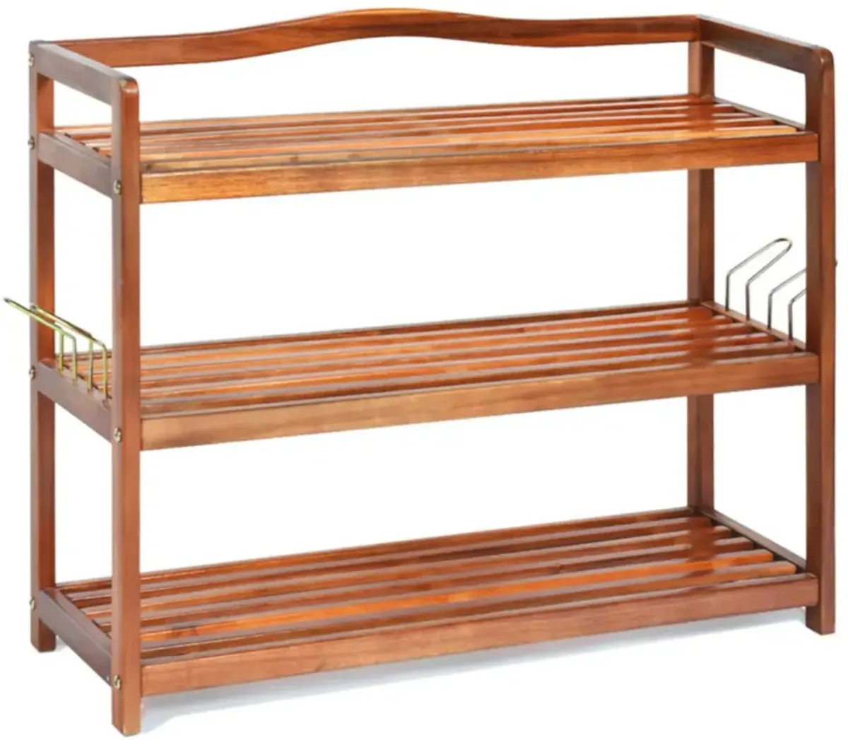 Hivvago 3-Tier Acacia Wood Shoe Rack with Side Metal Hooks