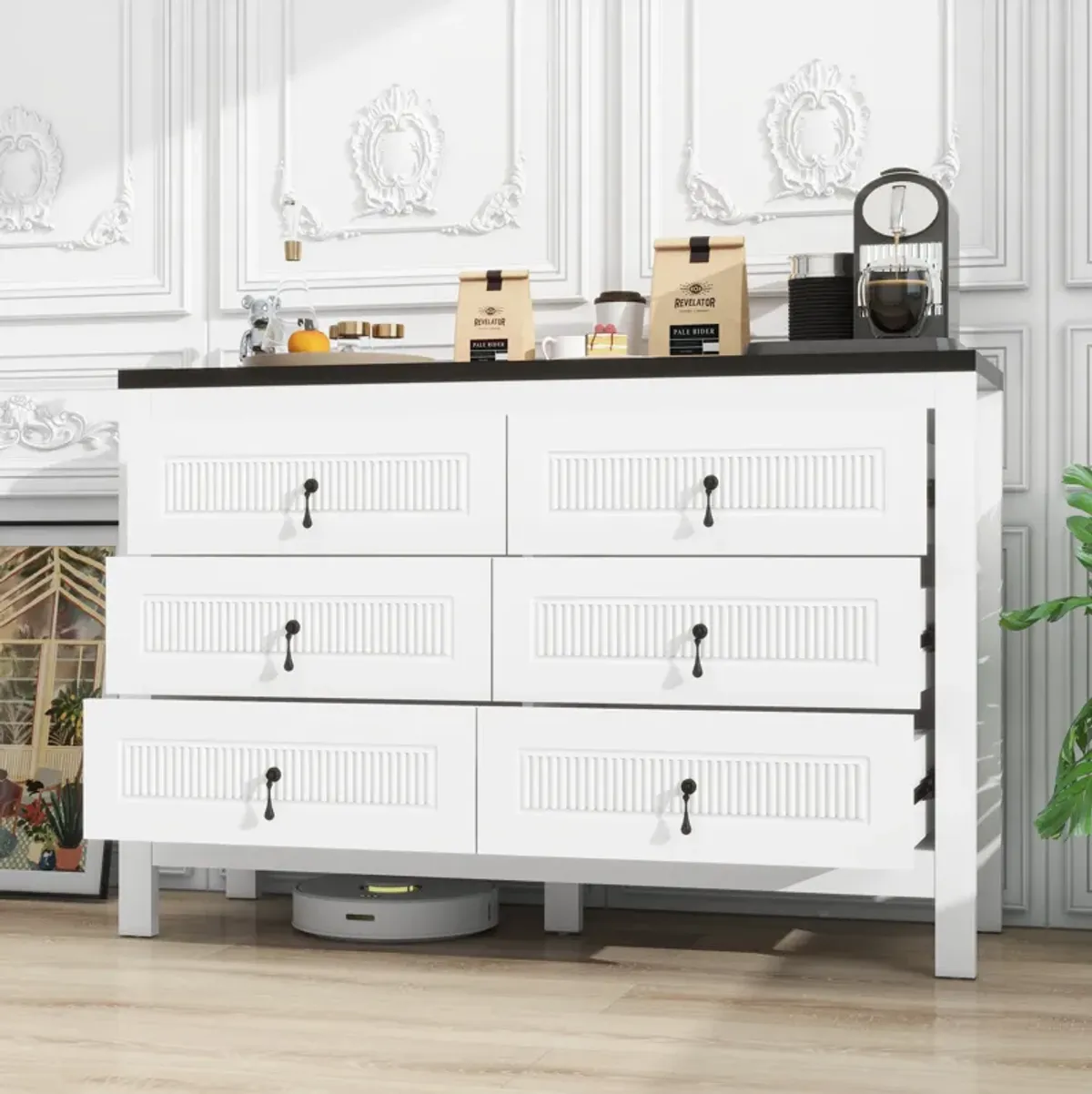 Fluted Dressers & Bedroom Chest of Drawers, 6 Drawer Dresser Wood, 47.2" Natural Wood Dresser for Nursery, Wooden Chest of Drawers, White and Black Modern Dresser