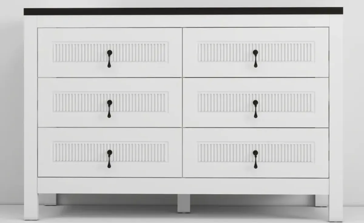 Fluted Dressers & Bedroom Chest of Drawers, 6 Drawer Dresser Wood, 47.2" Natural Wood Dresser for Nursery, Wooden Chest of Drawers, White and Black Modern Dresser