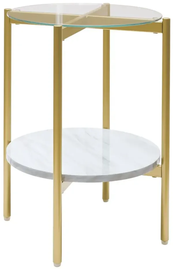 Glass Top Metal End Table with Marble Shelf, Gold and White-Benzara