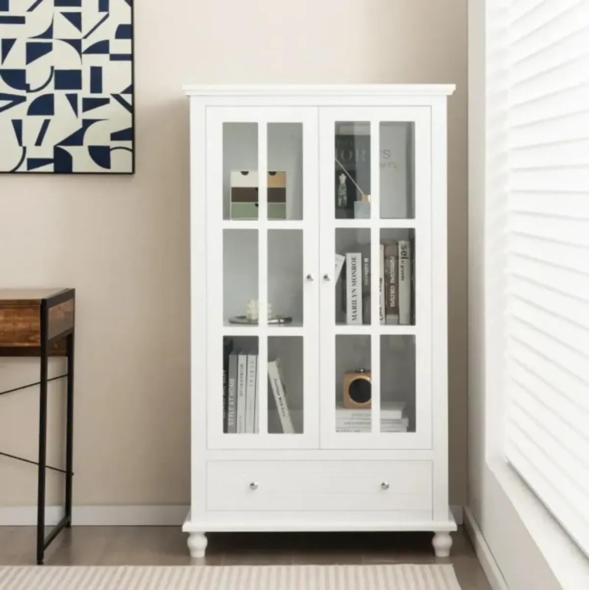 55 Inch Bookcase Cabinet with Tempered Glass Doors-White