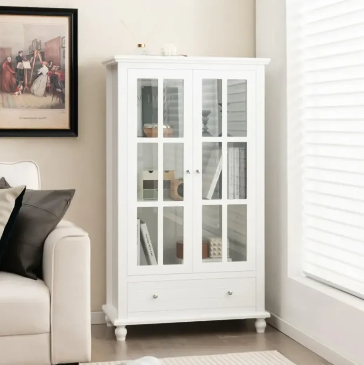 55 Inch Bookcase Cabinet with Tempered Glass Doors-White