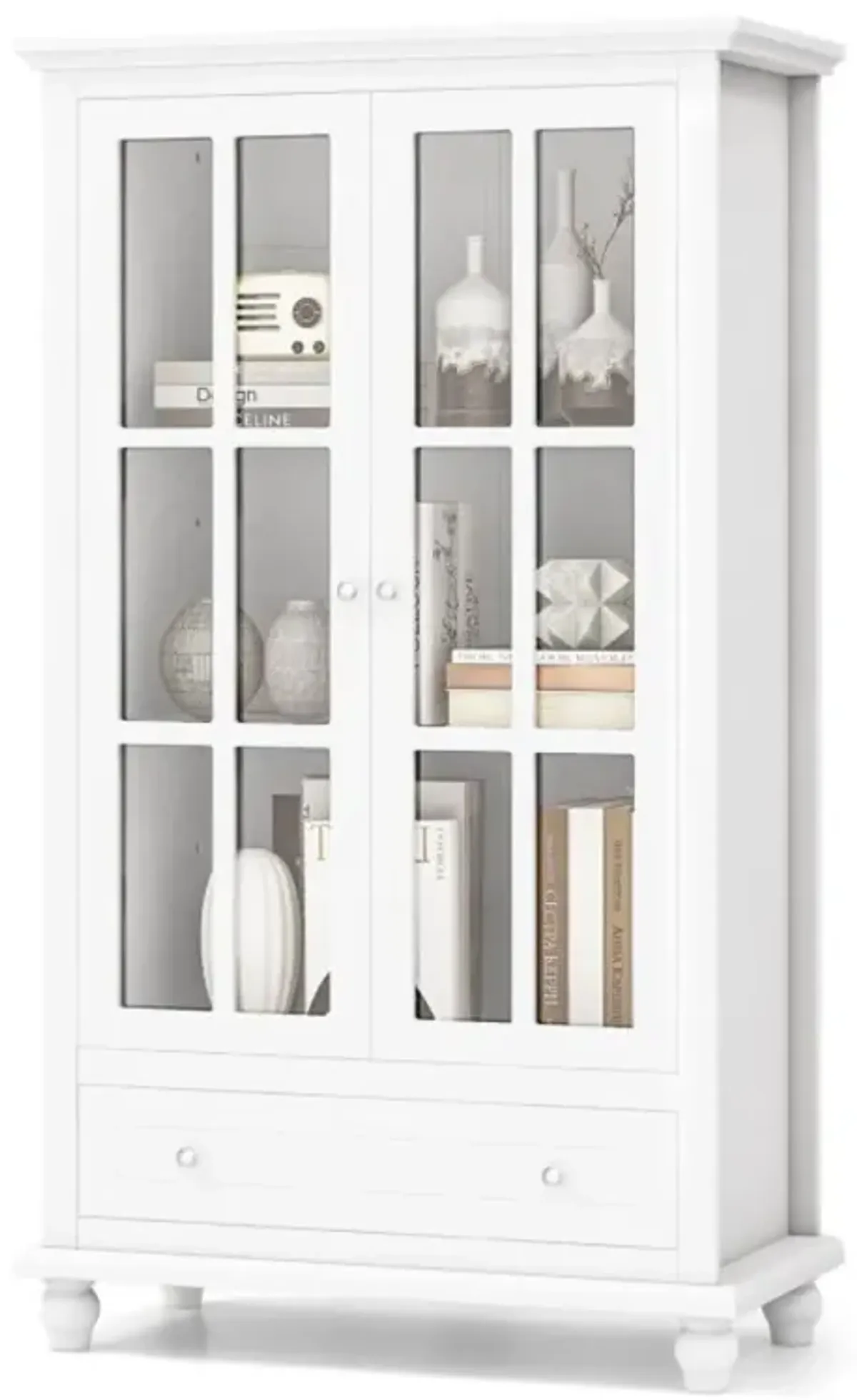 55 Inch Bookcase Cabinet with Tempered Glass Doors-White