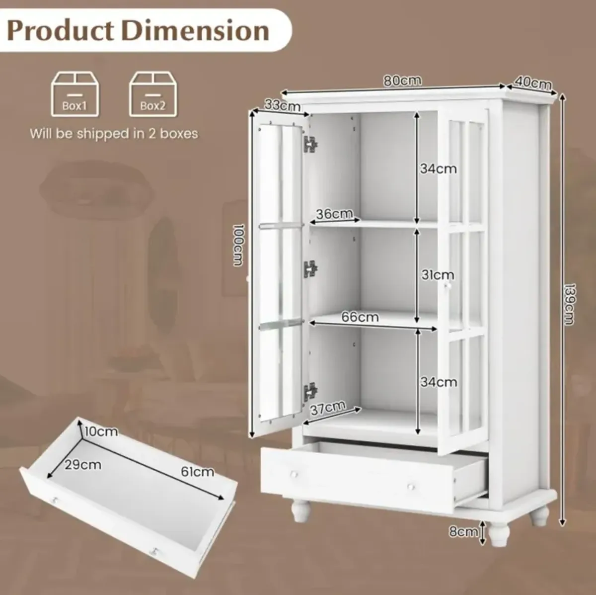 55 Inch Bookcase Cabinet with Tempered Glass Doors-White